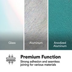 This is an infographic of 3M™ Scotch-Weld™ Aesthetic Structural Material AS010BK03, Image 2. PREMIUM FUNCTION: Strong adhesion and seamless joining for various materials