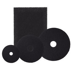 Image of 3 circular black floor pads in different sizes and a rectangle floor pad on a white background