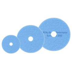 An image of three varying sizes of round Sky Blue Burnishing pads on a white background