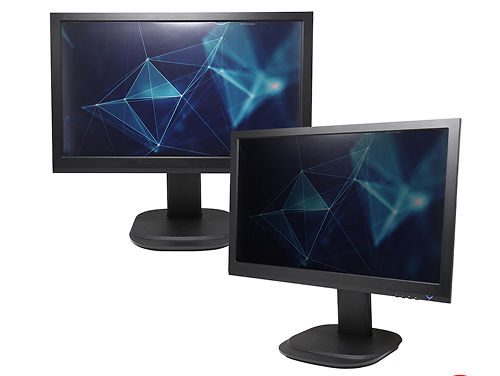 Two computer monitors with black frames displaying a digital geometric pattern on their screens.