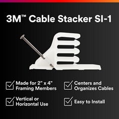 This is an infographic of 3M™ Cable Stacker SI-1, routes various number of cables in an organized way, 250/Case, Image 01.
