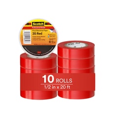 This is an infographic of Scotch® Vinyl Color Coding Electrical Tape 35, 1/2 in x 20 ft, Red, 10 rolls/carton, Image 01.