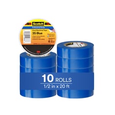 This is an infographic of Scotch® Vinyl Color Coding Electrical Tape 35, 1/2 in x 20 ft, Blue, 10 rolls/carton, Image 01.