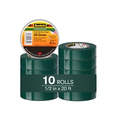 This is an infographic of Scotch® Vinyl Color Coding Electrical Tape 35, 1/2 in x 20 ft, Green, 10 rolls/carton, Image 01.