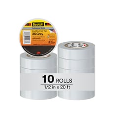 This is an infographic of Scotch® Vinyl Color Coding Electrical Tape 35, 1/2 in x 20 ft, Gray, 10 rolls/carton, Image 01.