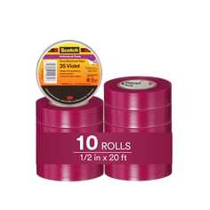 This is an infographic of Scotch® Vinyl Color Coding Electrical Tape 35, 1/2 in x 20 ft, Violet,10 rolls/carton, Image 01.