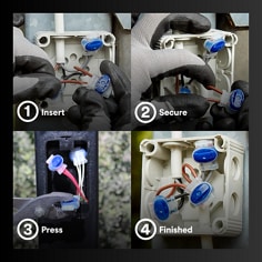 This is a product application image of 3M™ Scotchlok™  IDC Connector 314, Image 02. 1. Insert. 2. Secure. 3. Press. 4. Finished.
