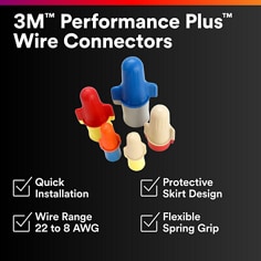 This is an infographic of 3M™ Performance Plus™ Wire Connectors, Image 01. 3M™ Performance Plus™ Wire Connectors: Quick Installation. Protective Skirt Design. Wire Range 22 to 8AWG. Flexible Spring Grip.