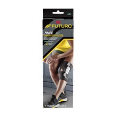 FUTURO™ 47550ENR knee stabilizer adjustable In Package English center image, provides moderate-stabilizing compression to sore muscles and weak or injured knees