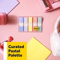 post-it-pastel-flags-683-5pastel-2026-B+-curated-pastel-2026-palette.jpg, 5 flags pads, 0.47 by 1.7 inches flags, 5 multicolor pads, 100 flags pads,  flags, dispenser, easily organize, write on, on the go flags, curated pastel colors, colorful reminders, find it fast, ecommerce asset.