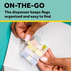 post-it-pastel-flags-683-5pastel-2026-B+-on-the-go.jpg, 5 flags pads, 0.47 by 1.7 inches flags, 5 multicolor pads, 100 flags pads,  flags, dispenser, easily organize, write on, on the go flags, curated pastel colors, colorful reminders, find it fast, ecommerce asset.
