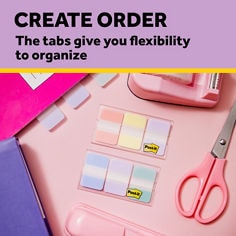 post-it-pastel-tabs-686-coast-2026-B+-create-order.jpg, 3 tabs pads, 1.0 by 1.5 inches, pads with 36 tabs, dispensers, easily organize, write on, on the go, curated pastel, colorful palette, writeable surface, durable, repositionable, helps you stay organized and on track, crate order, durable tabs,