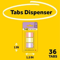 post-it-pastel-tabs-686-sun-2026-B+-tabs-dispenser.jpg, 3 tabs pads, 1.0 by 1.5 inches, pads with 36 tabs, dispensers, easily organize, write on, on the go, curated pastel, colorful palette, writeable surface, durable, repositionable, helps you stay organized and on track, crate order, durable tabs,