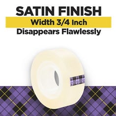 Scotch®, gift wrap refills 815k3, 2026 B+ dispenser details, jpg file, key visual, satin finish, width 3/4 inch, disappears flawlessly, gift tape with secure hold, seal gift bags, put on wrapping paper, scotch tape refills for dispenser.