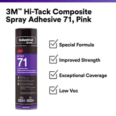This is an infographic of 3M™ Hi-Tack Composite Spray Adhesive 71, Image 1. 3M™ Hi-Tack Composite Spray Adhesive 71, Pink:  Special Formula. Improved Strength. Exceptional Coverage. Low Voc.