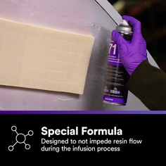 This is an infographic of 3M™ Hi-Tack Composite Spray Adhesive 71, Image 2. Special Formula: Designed to not impede resin flow duringthe infusion process.