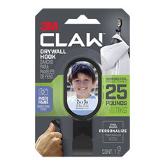 CLAW™ 3DH25BLK-1 ES In package English/Spanish straight image, Drywall hook, hardened steel proven to hold 25 pounds, photo frame
