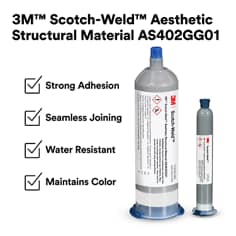 This is an infographic of 3M™ Scotch-Weld™ Aesthetic Structural Material AS402GG01, Image 1. 3M™ Scotch-Weld™ Aesthetic Structural Material AS402GG01: Strong Adhesion. Seamless Joining. Water Resistant. Maintains Color.