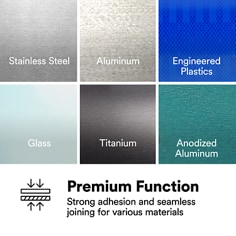 This is an infographic of 3M™ Scotch-Weld™ Aesthetic Structural Material AS402GG01, Image 2. PREMIUM FUNCTION: Strong adhesion and seamless joining for various materials. Stainless Steel. Aluminium. Engineered Plastics. Blass. Titanium. Andonised Aluminium.