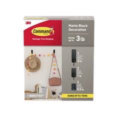 Command™ 17237 Matte Black Decoration In Package English/Spanish center image, matte black decoration, 1 variaty kit, 1 medium hook, 2 small hooks, 4 small hooks