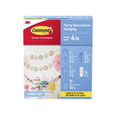 Command™ 17242 In Package English/Spanish center image, 1 variaty kit, Party Decoration Hanging, 2 Large recessed hooks, 4 medium wire hooks, 3 Small Reessed hooks, 24 Poster Strips, 16 Mini decorating clips