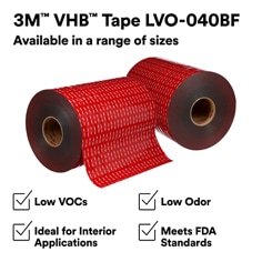 This is an infographic of 3M™ VHB™ Tape LVO-040BF, Image 1. Availabe in a range of sizes. Low VOCs, Low Odor, Ideal for Interior Applications, Meets FDA Standards.