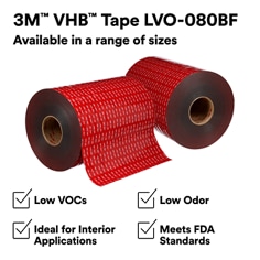 This is an infographic of 3M™ VHB™ Tape LVO-080BF, Image 1.Availabe in a range of sizes. Low VOCs, Low Odor, Ideal for Interior Applications, Meets FDA Standards.