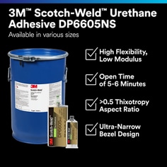 This is an infographic of 3M™ Scotch-Weld™ Polyurethane Adhesive DP6605NS, Image 1. Available in various sizes: High Flexibility, Low Modulus. Open Time of 5-6 minutes. >0.5 Thixotropy Aspect Ratio. Ultra Narrow Bezel Design.