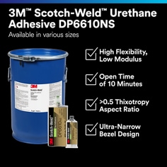 This is an infographic of 3M™ Scotch-Weld™ Polyurethane Adhesive DP6610NS, Image 1. Available in various sizes: High Flexibility, Low Modulus. Open Time of 10 minutes. >0.5 Thixotropy Aspect Ratio. Ultra Narrow Bezel Design.