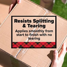 Scotch®, Heavy Duty, Resists Splitting, top view photo of hands holding a cardboard box.