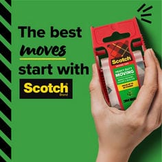 Scotch®, Heavy Duty, The best moves, female hand holding a heavy duty moving tape with a green brackground.