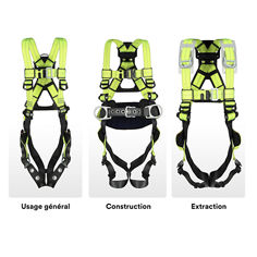 Configurations différentes du harnais de sécurité 3M™ DBI‑SALA® ExoFit™ X50 pour l’usage général, la construction et l’extraction.