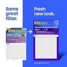 Filtrete™ MPR 1500 image showing updated new packaging content.