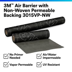 This is an infographic of 3M™ Air Barrier with Non-Woven Permeable Backing 3015VP-NW, Image 1. No Primer Needed. Air/Water Impermeable. Vapor Permeable. UV Resistance
