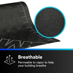 This is an infographic of 3M™ Air Barrier with Non-Woven Permeable Backing 3015VP-NW, Image 2. BREATHABLE: Permeable to vapor to help your building breathe.