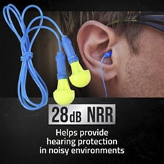Image of a man wearing on 3M™ Push-Ins™ Corded Earplugs 92501, 28 db NRR hearing protection