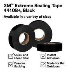 This is an infographic of 3M™ Extreme Sealing Tape 4410B+, Image 1. Available in variety of sizes. Quick and Clean Seal. Instant Adhesion. Durable Backing. Made for the Outdoors.