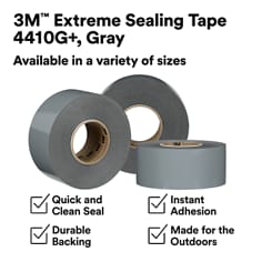This is an infographic of 3M™ Extreme Sealing Tape 4410G+, Image 1. Available in variety of sizes. Quick and Clean Seal. Instant Adhesion. Durable Backing. Made for the Outdoors.