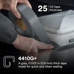 This is an infographic of 3M™ Extreme Sealing Tape 4410G+, Image 2. 4410G+: A gray, 0.025 in (0.6 mm) thick tape made for quick and clean sealing