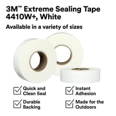 This is an infographic of 3M™ Extreme Sealing Tape 4410W+, Image 1. Available in variety of sizes. Quick and Clean Seal. Instant Adhesion. Durable Backing. Made for the Outdoors.