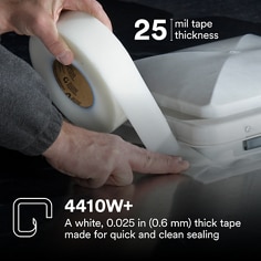 This is an infographic of 3M™ Extreme Sealing Tape 4410W+, Image 2. 4410W+: A white, 0.025 in (0.6 mm) thick tape made for quick and clean sealing