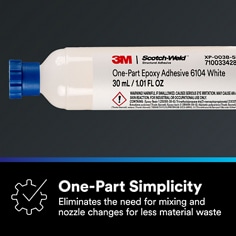 This is an infographic of 3M™ Scotch-Weld™ One-Part Epoxy Adhesive 6104 White, Image 2. ONE-PART SIMPLICITY: Eliminates the need for mixing and nozzle changes for less material waste.