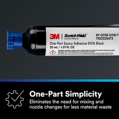 This is an infographic of 3M™ Scotch-Weld™ One-Part Epoxy Adhesive 6104 Black, Image 2. ONE-PART SIMPLICITY: Eliminates the need for mixing and nozzle changes for less material waste.