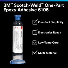 This is an infographic of 3M™ Scotch-Weld™ One-Part Epoxy Adhesive 6105, Image 1. One-Part Simplicity. Electronics Ready. Low-Temp Cure. Multi-Material.