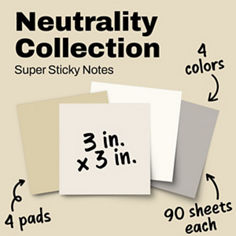 Post it®, Neutrals, B+01, Super Sticky Notes, 4 colors, 3x3 inches, 4 pads, 90 sheets each.