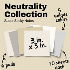 Post it®, Neutrals, B+01, Super Sticky Notes, 5 unique colors, 3x3 inches, 6 pads, 70 sheets each.