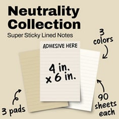 Post it®, Neutrals, Super Sticky Lined Notes, 4x6 inches, 3 colors, 3 pads, 90 sheets each.