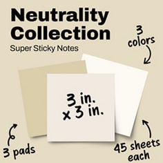 Post it®, Neutrals, Super Sticky Notes, 3 colors, 3x3 inches, 3 pads, 45 sheets each.