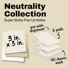Post it®, Neutrals, Super Sticky Notes,  3x3 inches, 6 pads, 90 sheets each, use with dispenser.