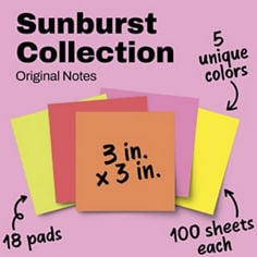 Post it®, Sunburst, Original Notes, 3x3 inches, 5 unique colors, 18 pads, 100 sheets each.